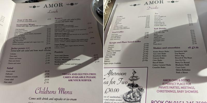 Amor Cafe and Bistro Menu