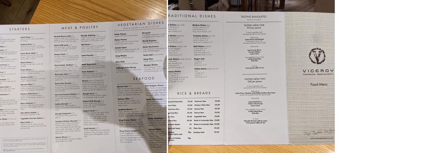 Viceroy Tandoori Menu
