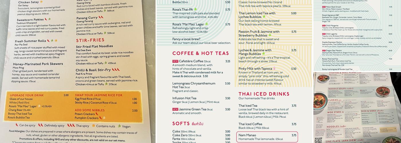 Rosa's Thai Birmingham Menu