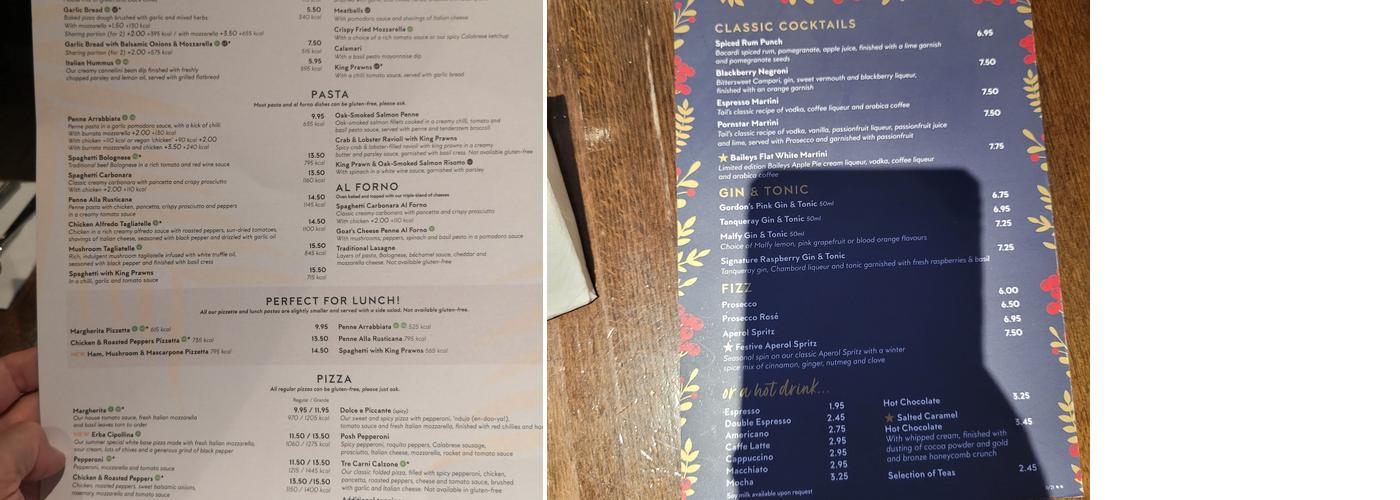 Prezzo Italian Restaurant Ely Menu