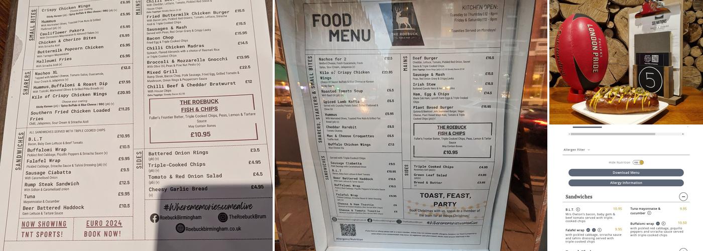 The Roebuck, Birmingham Menu