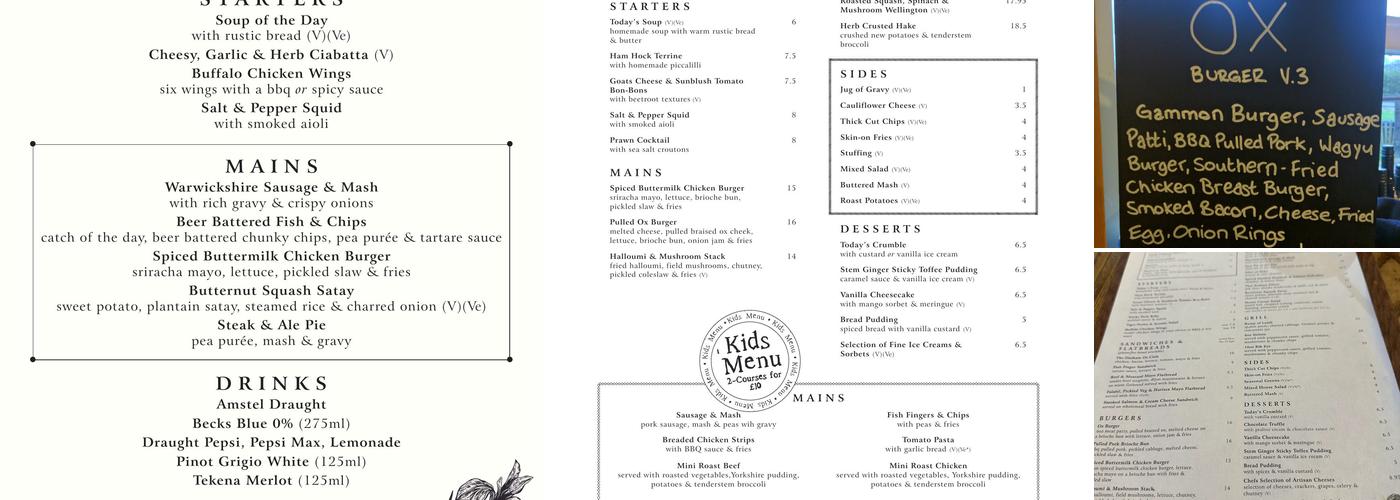 The Durham Ox, Shrewley Menu