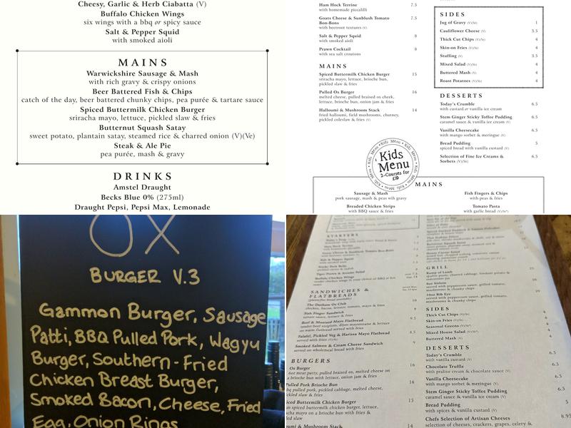 The Durham Ox, Shrewley Menu