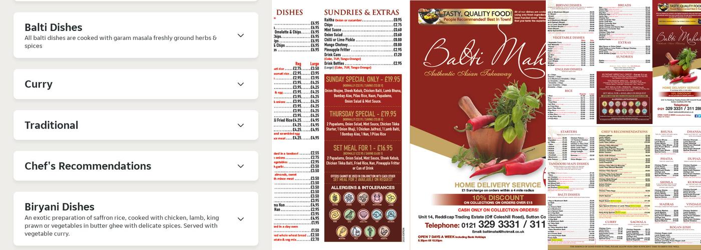 Balti Mahal Menu