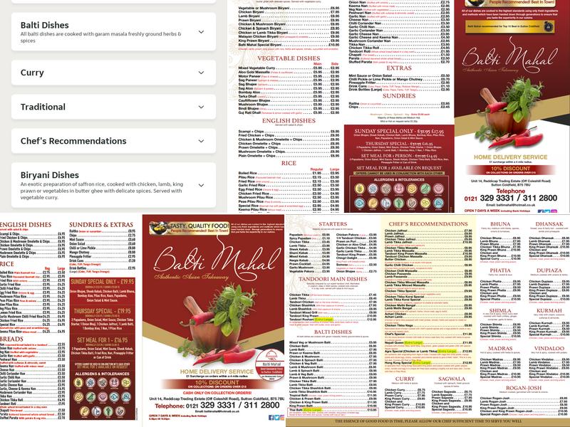 Balti Mahal Menu