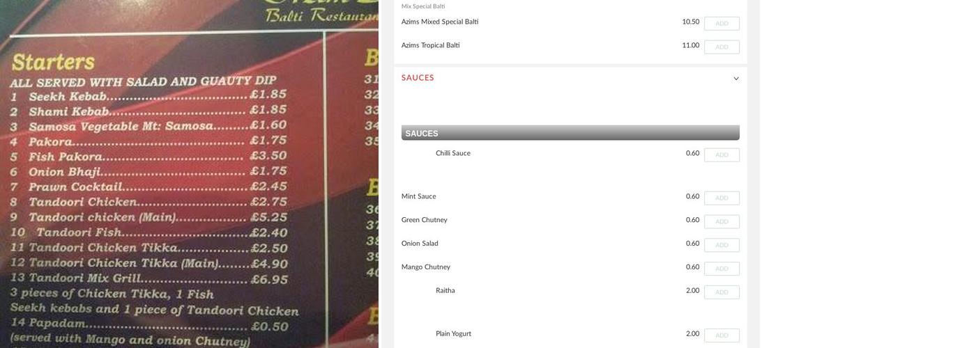 Azim's Restaurant Menu