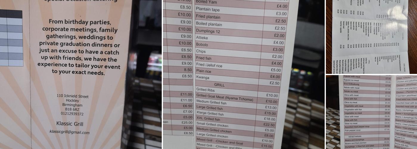 Klassic Grill Bar Restaurant Menu