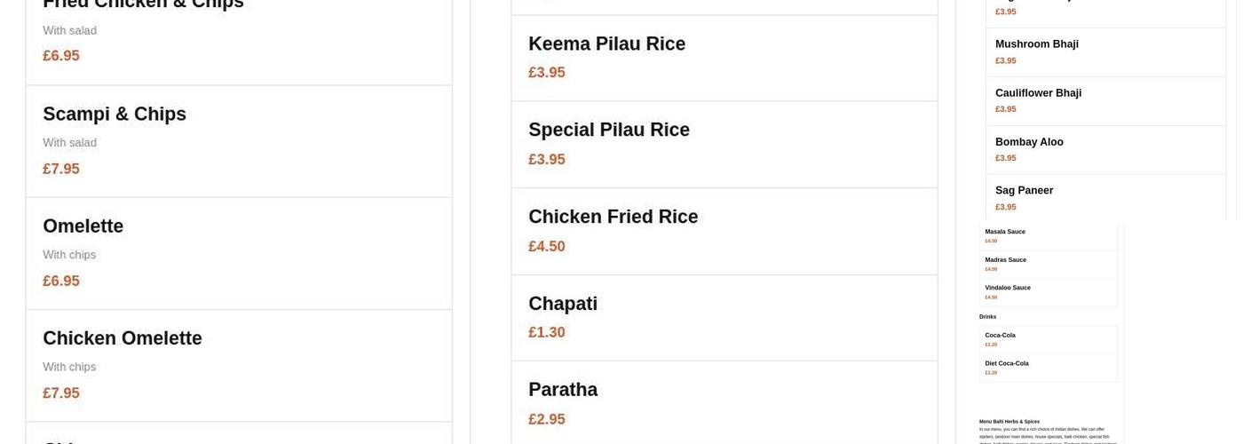 Balti Herbs & Spices Menu