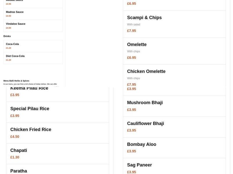 Balti Herbs & Spices Menu