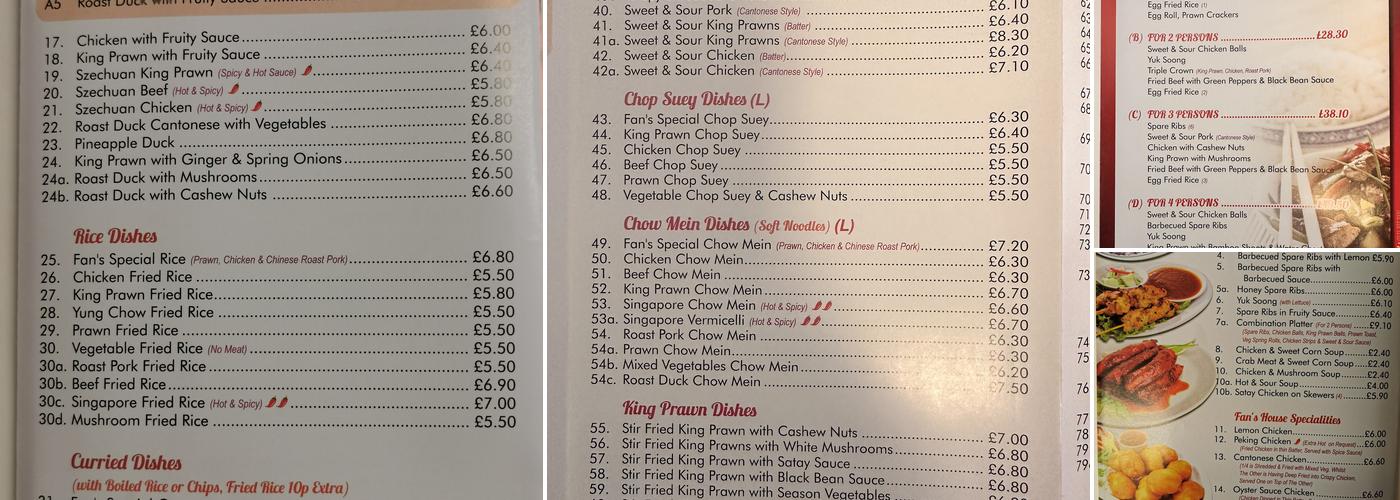 Fans House Chinese Takeaway Menu