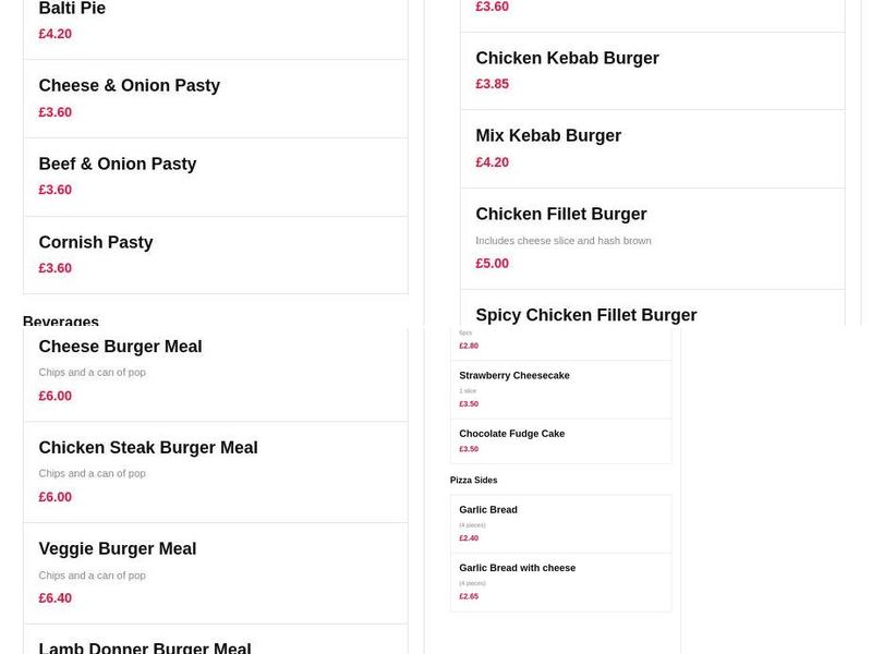 Coppice Fast Food Menu