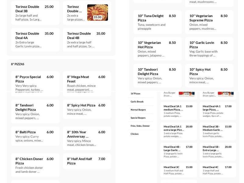 Torinoz Pizza Menu
