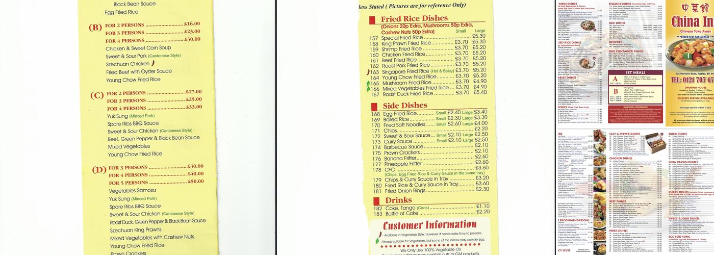 China Inn Takeaway Menu