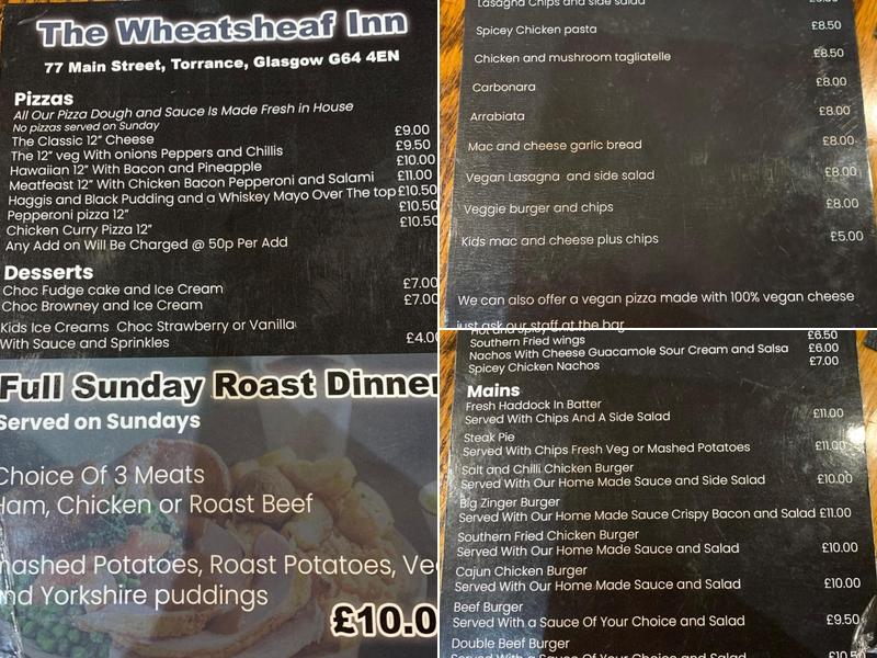 Wheatsheaf Inn Menu