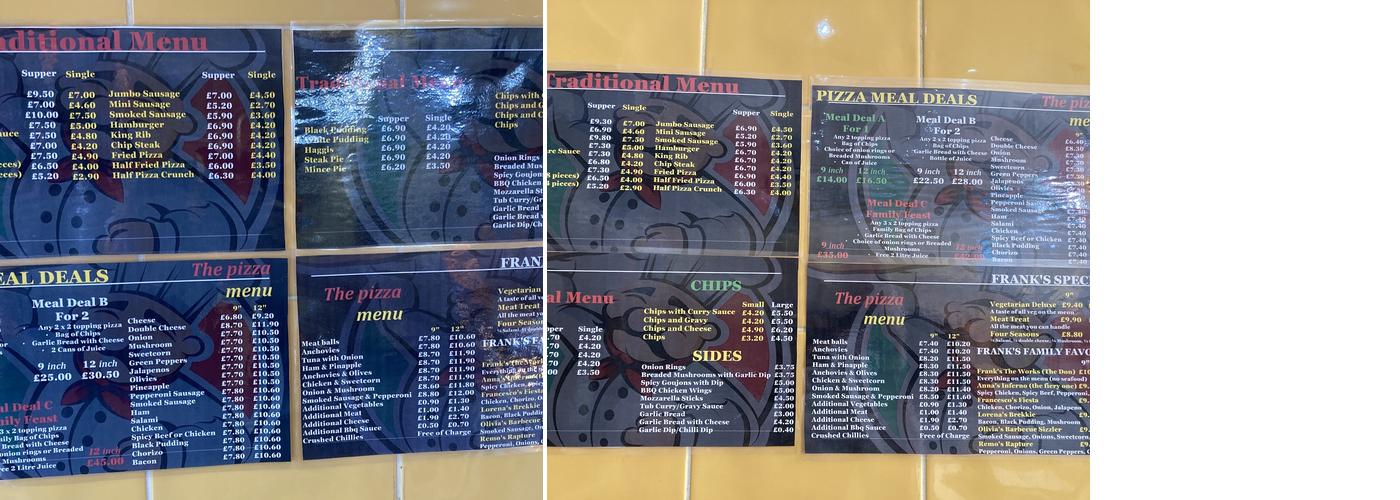 Franks Fish Chips & Pizza Place Menu