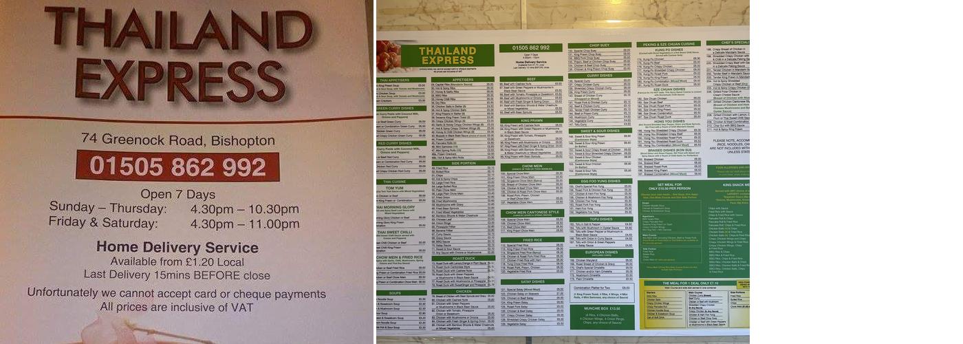 Thailand Express Menu