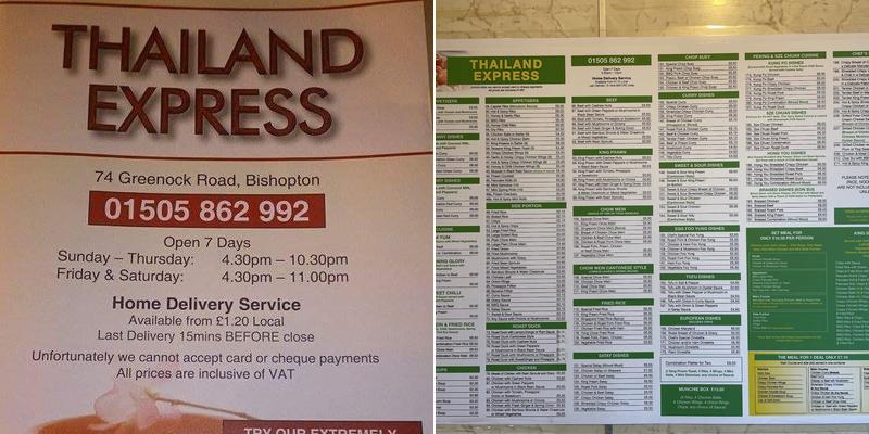 Thailand Express Menu