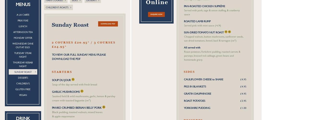 Ego at The Knowles Arms, Blackburn Menu