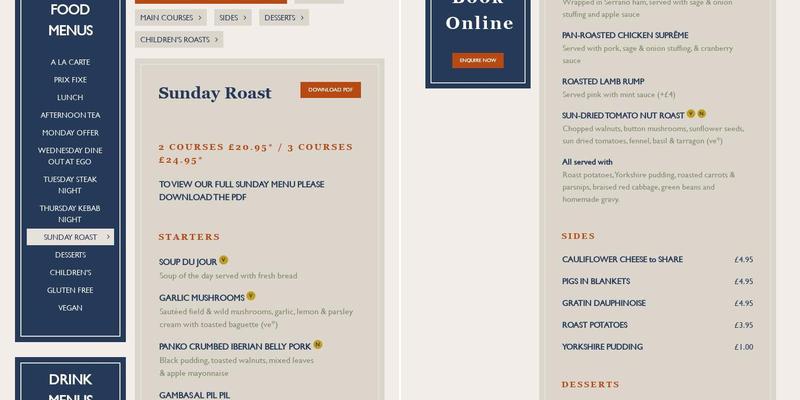 Ego at The Knowles Arms, Blackburn Menu