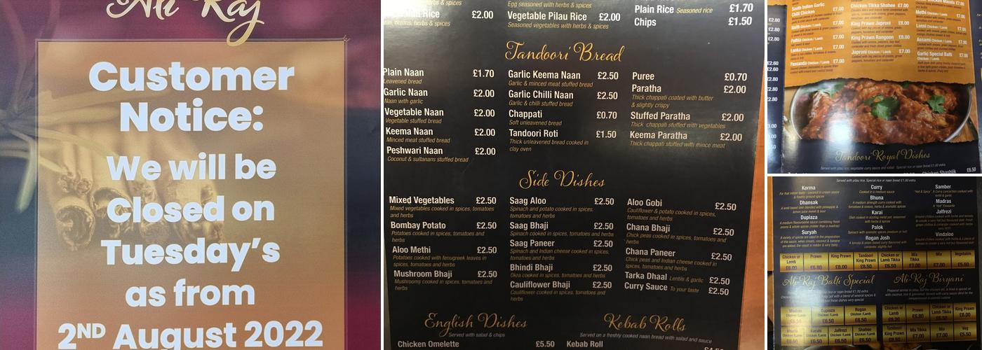 Ali Raj Indian Takeaway Menu