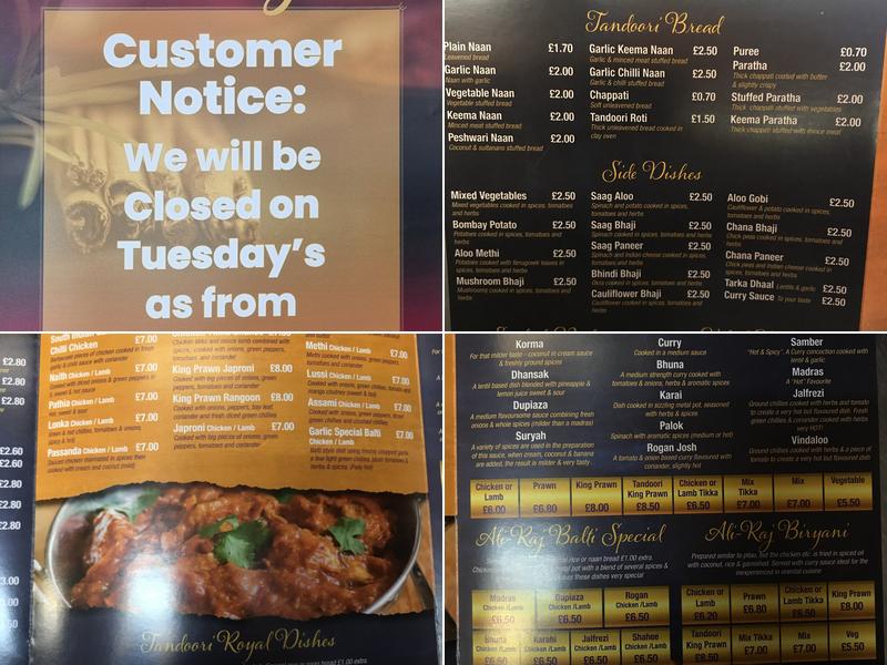 Ali Raj Indian Takeaway Menu