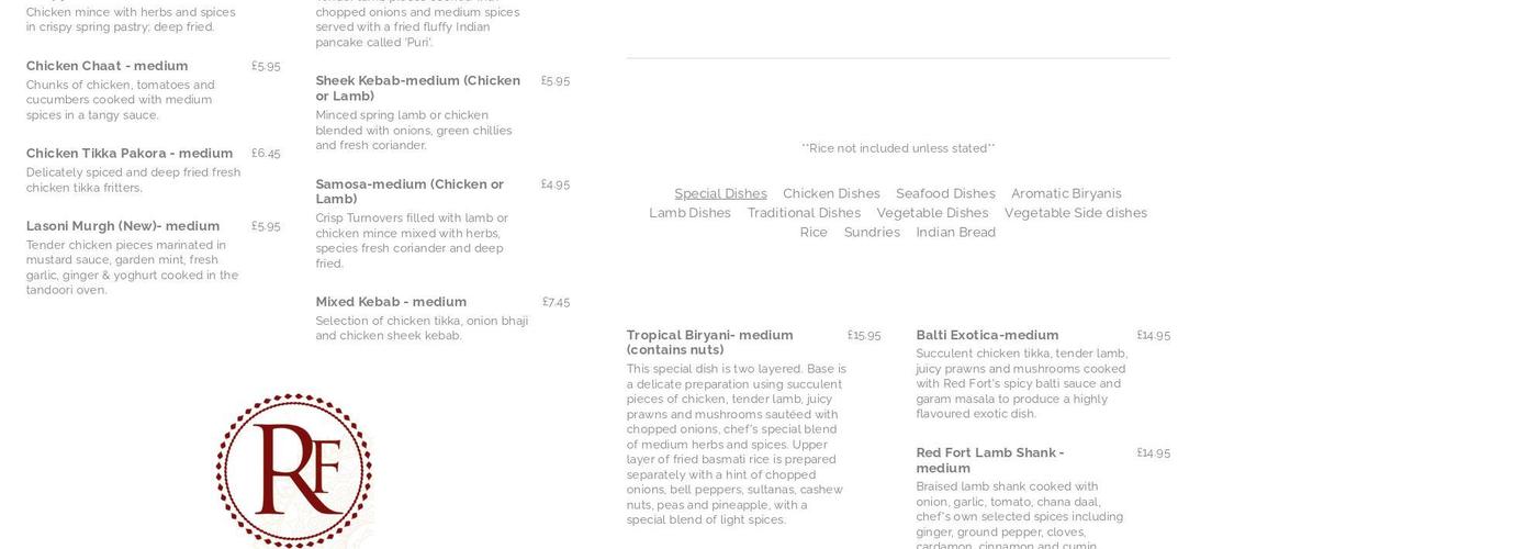 The Red Fort Tandoori Menu