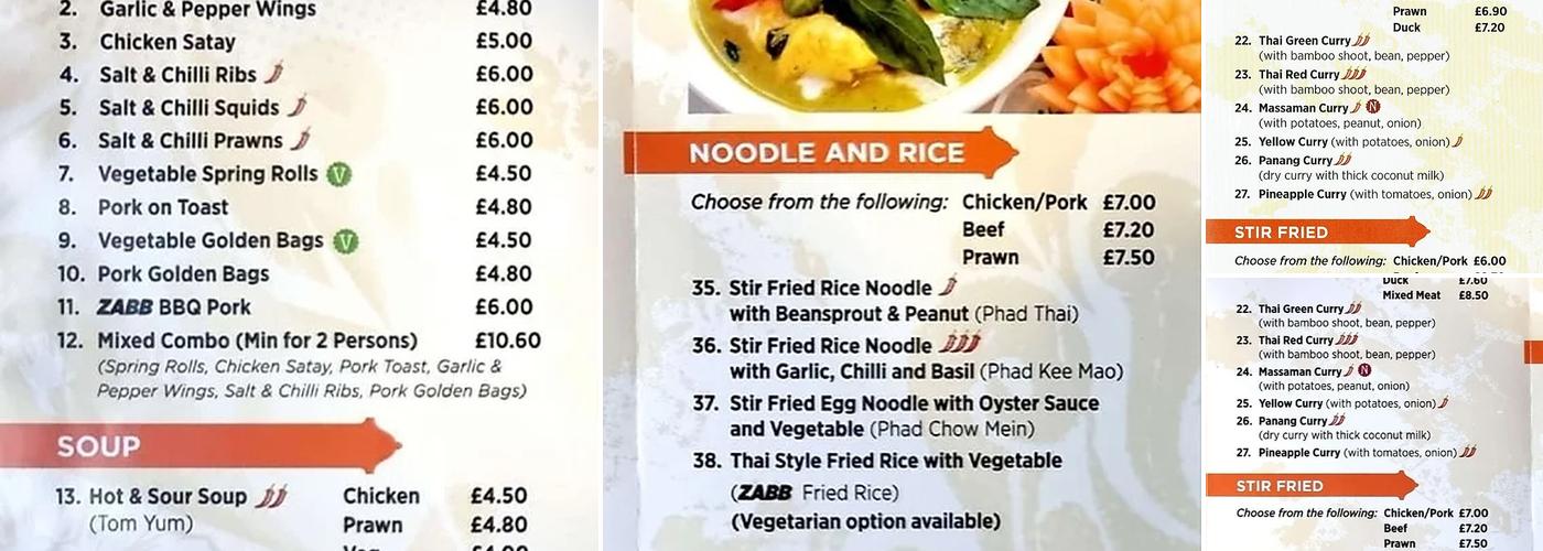 ZABB Thai Takeaway Menu
