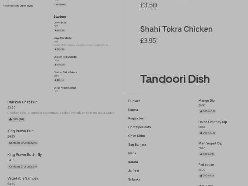 Maya Indian Restaurant, Poulton-le-Fylde Menu