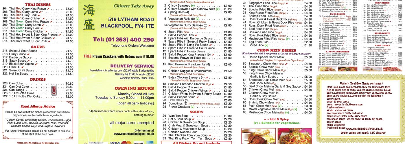 South Sea chinese takeaway Menu