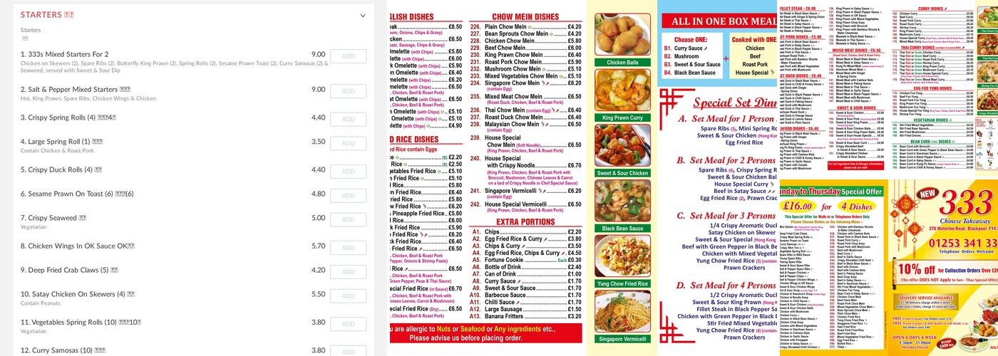 333 Chinese Takeaway Menu