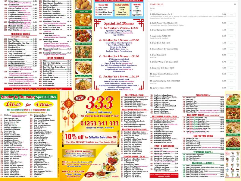 333 Chinese Takeaway Menu