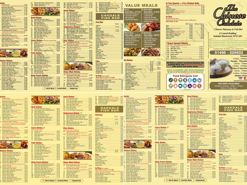 The Chinese Oakdale Menu