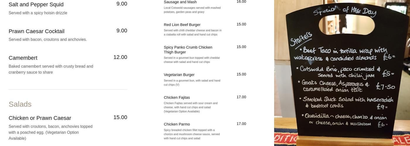 The Red Lion Inn Menu