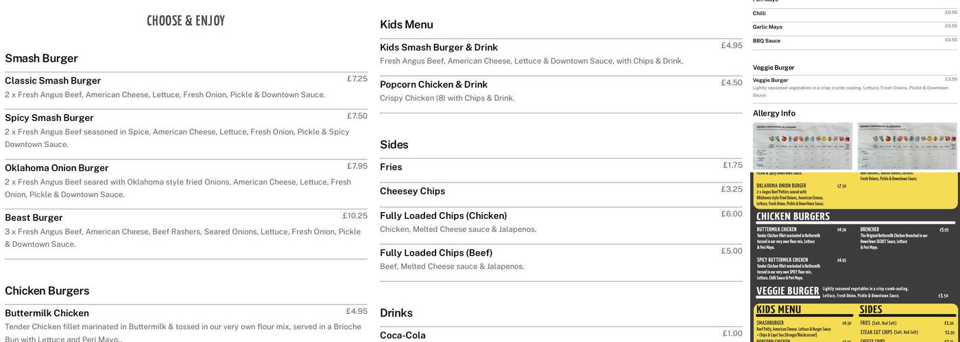 DownTown Burgers Menu