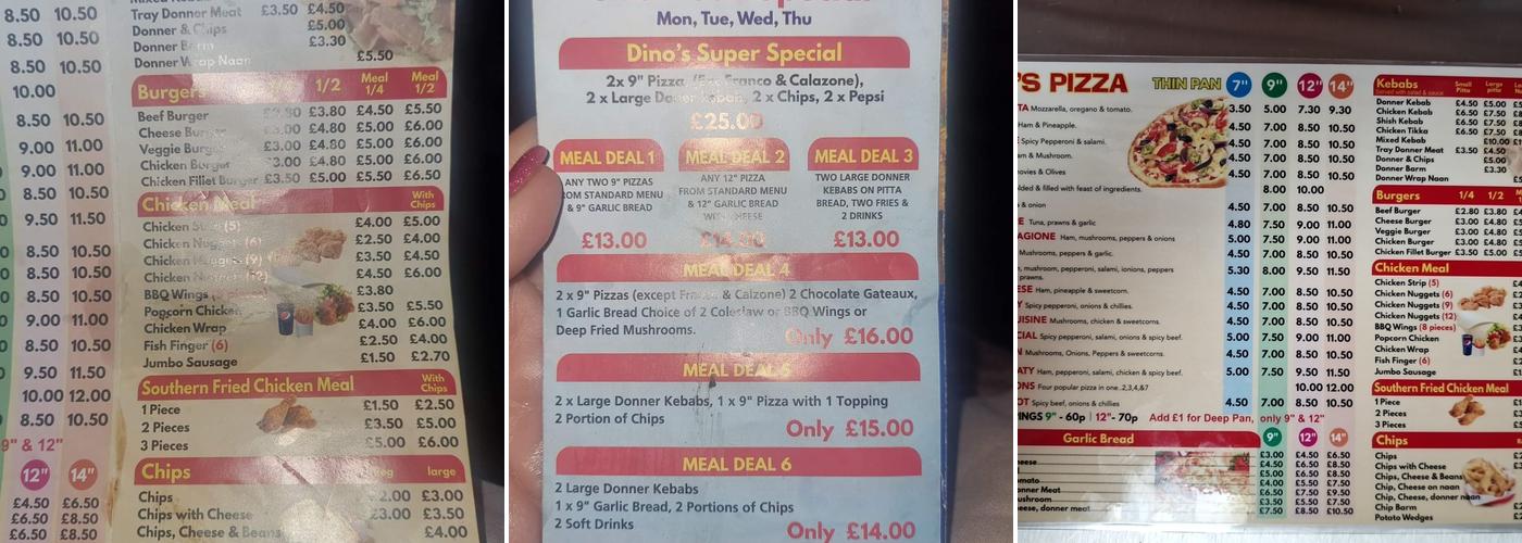 Dino's Take Away Menu