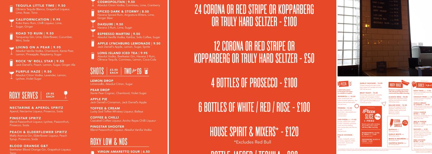 Roxy Ball Room Liverpool, Hanover Street Menu