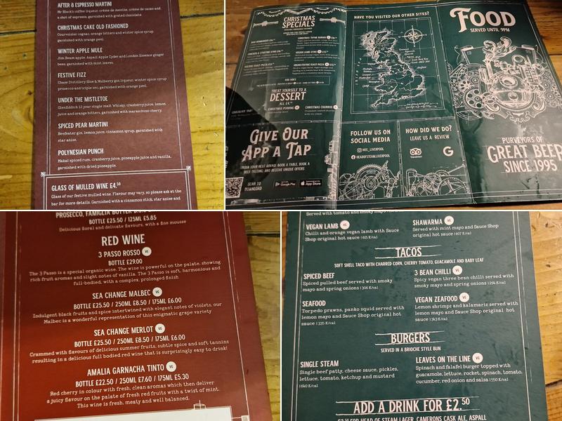 The Head of Steam Liverpool Menu