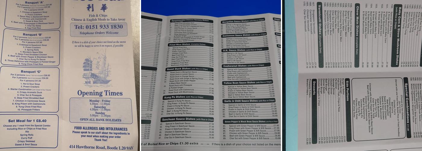 Leehua Chinese Takeaway Menu
