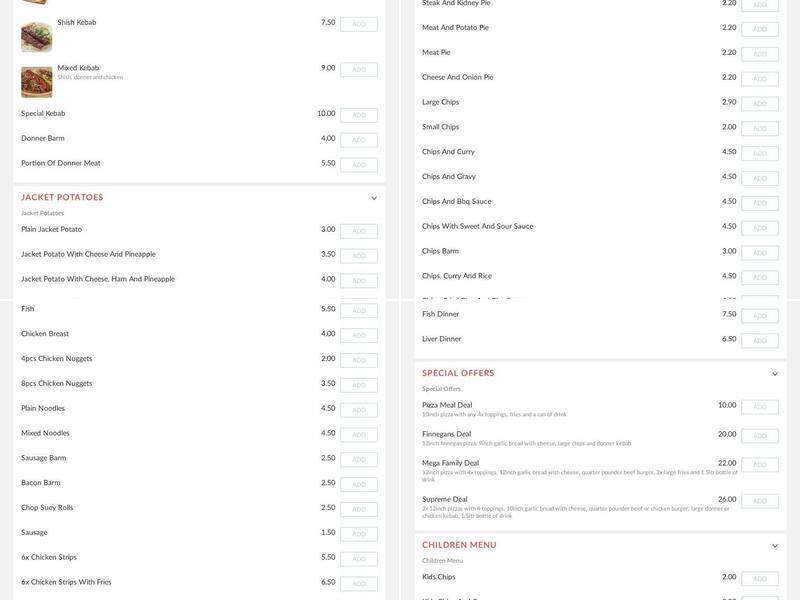 Finnigans Fast Food Menu