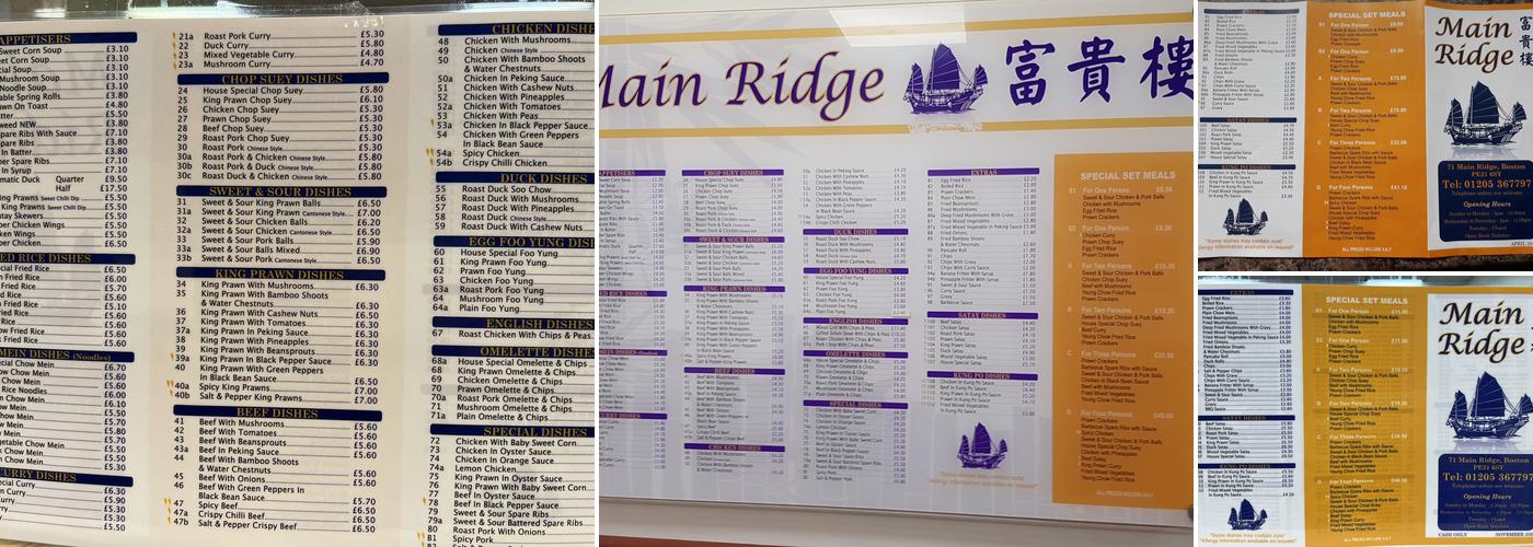 Main Ridge Take Away Menu