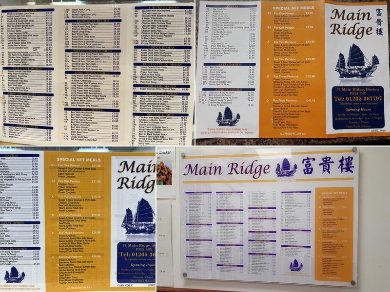 Main Ridge Take Away Menu