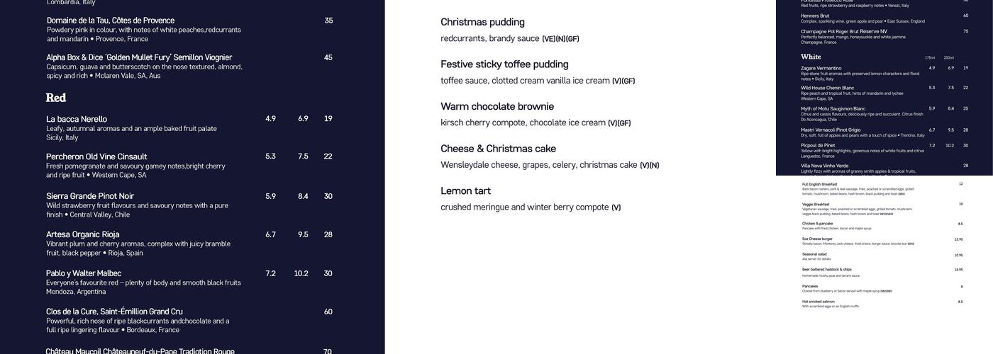 The Crown Hotel at Boston Spa Menu