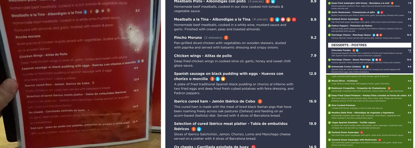 Lolas Spanish Tapas Restaurant Menu