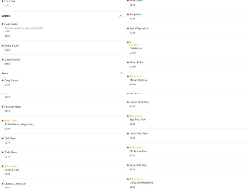 Balti Spice Menu