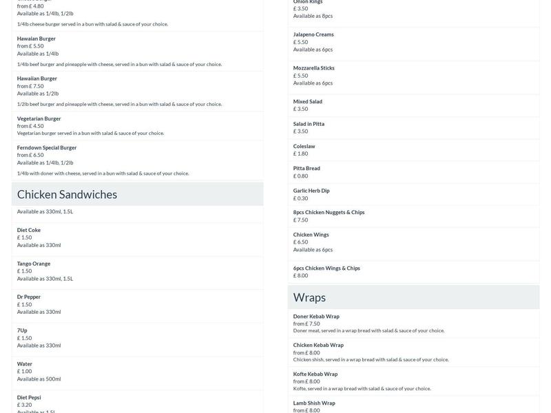 Ferndown Kebabs & Pizza Takeaway Menu