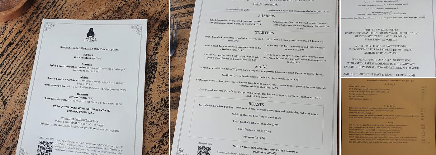 The Bear of Burton Menu