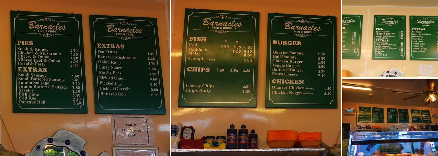Barnacles - Fish & Chips Bournemouth Menu