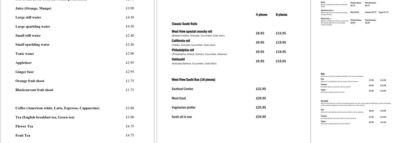 West View Restaurant Menu