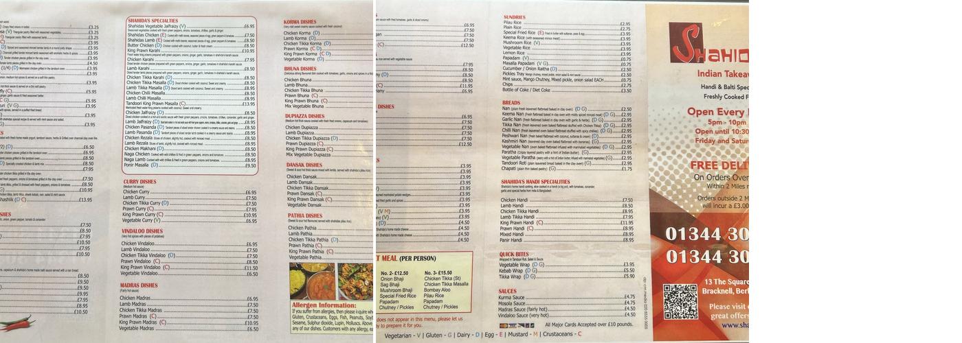 Shahida's Indian Takeaway Menu