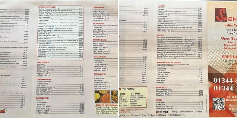 Shahida's Indian Takeaway Menu
